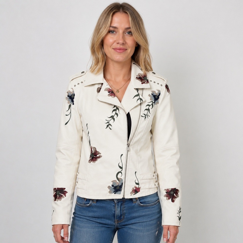 ModX Ivory Faux Leather Floral‎ Embroidered Moto Jacket Women's S